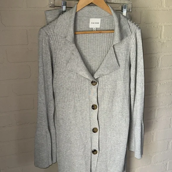 Pink rose set Gray Ribbed Button-Up Cardigan & Pants knit cozy soft stretch xl - Picture 5 of 6